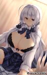  1boy 1girl absurdres ahoge arashiki_mamizu artist_name azur_lane bangs black_bow black_bra blue_bow blue_bowtie blue_eyes blue_skirt blush bow bow_bra bowtie bra breasts cleavage closed_mouth commentary_request dress_shirt eyebrows_visible_through_hair hair_ribbon highres illustrious_(azur_lane) indoors lace lace_bra large_breasts long_hair long_sleeves looking_at_viewer miniskirt mole mole_under_eye navel on_person open_clothes open_shirt pleated_skirt ribbon school_uniform shirt sidelocks skirt smile tress_ribbon tri_tails twitter_username underwear very_long_hair white_hair white_shirt 