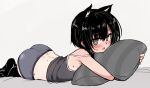  1girl animal_ears ass bare_shoulders barefoot black_hair black_legwear blush commentary_request grey_panties hug looking_at_viewer lying null_(nyanpyoun) on_side open_mouth original panties pillow short_hair solo sweat tan tanlines underwear yellow_eyes 