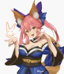  1girl :d animal_ear_fluff animal_ears artist_name bare_shoulders bow breasts choker cleavage detached_sleeves fate/extra fate_(series) fikkyun fox_ears fox_girl fox_shadow_puppet fox_tail hair_bow highres japanese_clothes long_hair looking_at_viewer medium_breasts open_mouth pink_hair purple_bow simple_background smile solo tail tamamo_(fate) tamamo_no_mae_(fate/extra) white_background white_choker yellow_eyes 