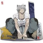  1boy animal_ears arknights bandaid bandaid_on_cheek bear_ears from_below full_body grey_hair highres holding holding_knife huan_shi_tian_tong jaye_(arknights) knife male_focus scar scar_on_arm shirt short_hair solo squatting white_shirt 