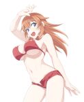  1girl bikini blue_eyes blush breasts charlotte_e._yeager cleavage commentary_request eyebrows_visible_through_hair from_below large_breasts long_hair micro_shorts nanashino navel open_clothes open_mouth open_shorts orange_hair red_bikini red_shorts shiny shiny_hair shiny_skin shorts simple_background solo strike_witches swimsuit white_background world_witches_series 