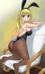  1girl animal_ears blonde_hair blush brown_hair fairy_tail from_behind gaston18 highres lucy_heartfilia pantyhose playboy_bunny rabbit_ears rabbit_tail solo tail 