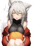  1girl absurdres animal_ear_fluff animal_ears arknights ball bangs bare_shoulders blush breast_press breasts commentary eyebrows_visible_through_hair fangs grey_hair hair_between_eyes highres holding jacket knees large_breasts looking_at_viewer notice_lines official_alternate_costume open_mouth projekt_red_(arknights) projekt_red_(light_breeze)_(arknights) red_jacket simple_background sitting solo tab_head tail tail_wagging tareme translated white_background wolf_ears wolf_girl wolf_tail yellow_eyes zipper 