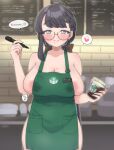  1girl apron areola_slip areolae bangs barista black_hair blurry blurry_background blush bow braid brand_name_imitation breasts brown-framed_eyewear brown_bow cafe choco-chan cleavage coffee coffee_cup commentary_request cup disposable_cup earrings eyebrows_visible_through_hair glasses green_apron hair_bow hanjuku_choco-pai heart heart_earrings heart_in_eye holding holding_marker iced_latte_with_breast_milk_(meme) jewelry lactation lactation_through_clothes large_breasts long_hair low_ponytail marker meme mole mole_on_breast mole_under_mouth multiple_moles naked_apron name_tag naughty_face original round_eyewear semi-rimless_eyewear side_braid smile solo speech_bubble starbucks symbol_in_eye translation_request under-rim_eyewear very_long_hair 