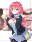  1girl :&lt; aqua_dress bag bangs black_sweater blue_eyes blurry blurry_background blush breasts brown_legwear cardigan chinese_commentary cleavage closed_mouth commentary_request cowboy_shot dress eyebrows_visible_through_hair go-toubun_no_hanayome green_bag hair_between_eyes hair_over_one_eye handbag hands_up headphones headphones_around_neck highres leaning_forward long_hair looking_at_viewer medium_breasts naimiaomiaomiaomiao nakano_miku open_cardigan open_clothes pantyhose pink_hair ribbon sidelocks signature sleeves_past_wrists solo sweater sweater_vest white_ribbon 