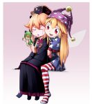  2girls american_flag_dress american_flag_legwear black_dress black_headwear blonde_hair child closed_eyes clownpiece dress fairy_wings full_body hand_puppet hat highres jester_cap junko_(touhou) junko_day kikoka_(mizuumi) long_hair multiple_girls neck_ruff no_shoes pantyhose polka_dot puppet purple_headwear red_eyes short_dress short_sleeves sitting sitting_on_lap sitting_on_person sleeves_past_wrists smile star_(symbol) star_print striped sweatdrop tabard touhou two-tone_background wings younger 