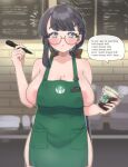  1girl apron areola_slip areolae bangs barista black_hair blurry blurry_background blush bow braid brand_name_imitation breasts brown-framed_eyewear brown_bow cafe choco-chan cleavage coffee coffee_cup commentary_request cup disposable_cup earrings english_text eyebrows_visible_through_hair glasses green_apron hair_bow hanjuku_choco-pai heart heart_earrings heart_in_eye holding holding_marker iced_latte_with_breast_milk_(meme) jewelry large_breasts long_hair low_ponytail marker meme mole mole_on_breast mole_under_mouth multiple_moles naked_apron name_tag original round_eyewear semi-rimless_eyewear side_braid solo speech_bubble starbucks surprised symbol_in_eye under-rim_eyewear very_long_hair 