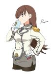  1girl aka_ringo black_legwear brown_eyes brown_hair buttons character_name collared_shirt commentary cosplay cropped_legs cup double-breasted drinking epaulettes grey_skirt hand_on_hip highres kantai_collection katori_(kancolle) katori_(kancolle)_(cosplay) kikumon long_hair military military_uniform mug necktie ooi_(kancolle) pantyhose pencil_skirt shirt simple_background skirt solo uniform white_background 