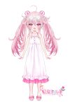  1girl :d absurdres ahoge animal_ears bangs bare_arms bare_shoulders blush collarbone commentary_request dress eyebrows_visible_through_hair fake_animal_ears frilled_dress frills full_body hair_between_eyes highres indie_virtual_youtuber long_hair looking_at_viewer official_art open_mouth pink_hair purple_eyes sandals shiodome_oji simple_background sleeveless sleeveless_dress smile solo standing twintails very_long_hair virtual_youtuber white_background white_dress white_footwear youjo_milk 