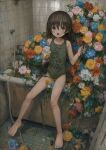  1girl absurdres barefoot bathtub blush brown_hair fang flower full_body green_leotard highres holding holding_flower holding_marker hose leotard looking_at_viewer marker medium_hair open_mouth original shion_(mirudakemann) sitting solo tile_floor tiles yellow_eyes 