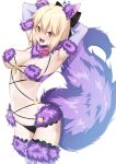  1girl ahoge animal_ears armpits arms_behind_head arms_up bangs bare_shoulders black_bow blonde_hair blush bow breasts cleavage cosplay elbow_gloves fate/grand_order fate_(series) fur-trimmed_gloves fur-trimmed_legwear fur_collar fur_trim gloves hair_bow half_updo kawaruhi koha-ace lace-trimmed_legwear lace_trim large_breasts looking_at_viewer mash_kyrielight mash_kyrielight_(dangerous_beast) mash_kyrielight_(dangerous_beast)_(cosplay) navel o-ring okita_souji_(fate) okita_souji_(koha/ace) open_mouth purple_gloves purple_legwear purple_tail revealing_clothes short_hair smile solo tail wolf_ears wolf_tail yellow_eyes 