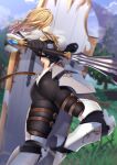  1girl armor ass back_cutout belt blonde_hair blurry blurry_background bodysuit boobplate breastplate brown_belt buckle clothing_cutout club_(weapon) criss-cross_back-straps cross-laced_clothes faulds fighting_stance floating_hair from_side grass greaves highres holding holding_shield holding_weapon kippuru kisara_(tales) knight lips long_hair multiple_belts parted_lips pauldrons shield shoulder_armor solo straight_hair tales_of_(series) tales_of_arise thigh_strap tree vambraces weapon 