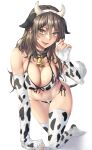  1girl all_fours animal_ears animal_print ashigara_(kancolle) bangs bare_shoulders bell black_hair blush breasts brown_eyes commentary_request cow_ears cow_print cowbell elbow_gloves fake_animal_ears fake_horns fingerless_gloves full_body gloves hairband highres horns kantai_collection kokuzou large_breasts long_hair looking_at_viewer navel neck_bell parted_lips sideboob simple_background smile solo thighhighs thighs white_background 