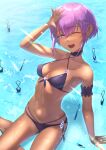  1girl announ_(kurotya) bangs bare_shoulders bikini black_bikini blush breasts cleavage collarbone criss-cross_halter dark-skinned_female dark_skin fate/prototype fate/prototype:_fragments_of_blue_and_silver fate_(series) halterneck hassan_of_serenity_(fate) highres kunai looking_at_viewer medium_breasts navel one_eye_closed open_mouth purple_eyes purple_hair ribs shading_eyes short_hair sidelocks sitting smile solo string_bikini swimsuit thighs water weapon wet 