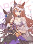  2girls animal_ears bad_id bad_pixiv_id bandages bat_wings black_gloves blue_eyes blue_flower blue_rose blush_stickers ear_ornament eyebrows_behind_hair fang flower gloves hair_between_eyes hair_flower hair_ornament hair_over_one_eye hairband halloween halloween_costume hamo_(maca-roon) highres horse_ears horse_girl horse_tail jack-o&#039;-lantern_ornament lolita_hairband make_up_in_halloween!_(umamusume) midriff multiple_girls mummy_costume navel official_alternate_costume puffy_short_sleeves puffy_sleeves purple_eyes rice_shower_(umamusume) rose short_sleeves speech_bubble spider_web_print super_creek_(umamusume) tail torn_clothes translation_request umamusume underbust vampire_costume wings 