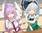  258n 2girls ;d ^_^ alcohol animal_ears closed_eyes cup green_skirt green_vest hairband highres konpaku_youmu long_hair multiple_girls necktie one_eye_closed open_mouth pink_skirt purple_eyes purple_hair purple_necktie rabbit_ears reisen_udongein_inaba ribbon sake shirt short_hair short_sleeves silver_hair sitting skirt smile table toast_(gesture) touhou vest white_shirt 