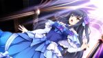  1girl black_hair blue_capelet blue_dress capelet church detached_sleeves dress dutch_angle floating_hair flower game_cg hair_flower hair_ornament highres long_dress long_hair long_sleeves official_art open_mouth otome_ga_musubu_tsukiyo_no_kirameki purple_flower shijou_ran shiny shiny_hair solo standing very_long_hair white_sleeves yellow_eyes 