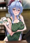  1girl absurdres ahoge apron bangs bare_shoulders barista blue_hair blush breasts cleavage collarbone commentary cup disposable_cup english_commentary ganyu_(genshin_impact) genshin_impact green_apron highres horns iced_latte_with_breast_milk_(meme) large_breasts long_hair looking_at_viewer meme naked_apron open_mouth purple_eyes skai_kun smile solo 