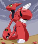  armor broken_armor cloud commentary dark_clouds grey_sky insect_wings no_humans one_knee outdoors pincers pokemon pokemon_(creature) redol scizor scyther sky solo wings 