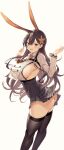  1girl absurdres animal_ears arms_up ass azur_lane bangs black_legwear blush braid breast_curtains breasts brown_eyes brown_hair chikuma_(azur_lane) clothes_lift collar hair_ornament high-waist_skirt highres hiiragi_yuuichi incredibly_absurdres large_breasts long_hair long_sleeves looking_at_viewer mole mole_under_mouth necktie open_mouth rabbit_ears side_cutout sideboob skirt skirt_lift smile solo thighhighs thighs 