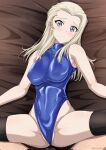  1girl 1other black_legwear blonde_hair blue_eyes blue_leotard breasts cameltoe clara_(girls_und_panzer) commentary_request covered_navel covered_nipples cowboy_shot forehead girls_und_panzer groin groin_tendon highleg highleg_leotard inoshira leotard long_hair looking_at_viewer lying medium_breasts shiny shiny_clothes skin_tight solo_focus spread_legs thighhighs thighs turtleneck 