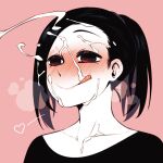  1other androgynous black_hair blush closed_mouth collarbone commentary_request cum facial heart in_(ain) korean_commentary licking_lips medium_hair original pink_background ponytail red_eyes sidelocks simple_background smile solo tongue tongue_out 