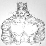  1boy abs animal_ears arknights bara blush breath cropped_torso furry furry_male grabbing greyscale highres kangnotrier large_pectorals looking_at_viewer male_focus monochrome mountain_(arknights) muscular muscular_male nipples pectoral_focus pectoral_grab pectorals pov scar scar_across_eye scar_on_arm short_hair solo_focus sweat tiger_boy tiger_ears traditional_media white_fur 