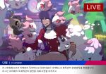  1boy bangs bright_pupils brown_pants building buttons commentary_request dark-skinned_male dark_skin facial_hair galarian_ponyta galarian_rapidash highres holding holding_pokemon jabot korean_commentary korean_text leon_(pokemon) livestream long_hair lower_teeth male_focus night open_mouth outdoors pants phantump pokemon pokemon_(creature) pokemon_(game) pokemon_gym pokemon_swsh purple_hair redlhzz smile spritzee swirlix tailcoat teeth translation_request white_jabot white_pupils yellow_eyes 