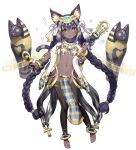 1girl :3 animal_ears ankh bangs bastet_(clover_theater) black_hair black_legwear bracelet braid breasts cat_ears cat_tail closed_mouth clover_theater commentary_request dark-skinned_female dark_skin egyptian eyebrows_visible_through_hair full_body green_eyes hair_between_eyes hair_ribbon holding holding_wand jewelry long_hair looking_at_viewer musical_note nail_polish navel observerz official_art pantyhose pelvic_curtain ribbon sarcophagus simple_background small_breasts solo stomach tail toeless_legwear toenail_polish toenails twin_braids twintails very_long_hair wand white_background white_ribbon 