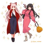  2girls absurdres alternate_costume arm_up artist_name bag bangs black_bow black_footwear black_hair blue_skirt boots bow breasts brown_eyes closed_mouth collar collared_jacket dress earrings eyebrows_visible_through_hair fujiwara_no_mokou full_body grey_footwear hair_between_eyes hair_bow hand_up highres houraisan_kaguya izumi_minami jacket jewelry long_hair long_sleeves looking_at_another looking_at_viewer medium_breasts multicolored_bow multiple_girls necklace open_mouth pink_dress pink_hair puffy_long_sleeves puffy_sleeves red_bow red_eyes red_jacket shirt shoes skirt smile standing star_(symbol) starry_background t-shirt touhou treasure white_background white_bow white_shirt yellow_bag 