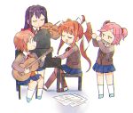  4girls ahoge arms_up bangs blue_footwear blue_skirt bow brown_hair brown_jacket brown_legwear chibi closed_eyes closed_mouth commentary doki_doki_literature_club eyebrows_visible_through_hair flute full_body guitar hair_bow holding holding_instrument instrument jacket jitome light_brown_hair long_hair long_sleeves looking_at_another monika_(doki_doki_literature_club) multiple_girls music natsuki_(doki_doki_literature_club) necktie open_mouth parted_bangs piano piano_bench pink_hair playing_instrument playing_piano pleated_skirt ponytail purple_hair red_bow red_footwear red_necktie sayori_(doki_doki_literature_club) sheet_music shirt short_twintails sidelocks simple_background sitting skirt smile socks tareme thighhighs tsubobot twintails violin white_background white_bow white_legwear white_shirt yuri_(doki_doki_literature_club) 