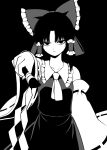  1girl arm_up ascot bangs bare_shoulders black_background black_dress black_eyes black_hair bow breasts closed_mouth collar collared_dress detached_sleeves dress eyebrows_visible_through_hair gohei grey_bow greyscale hair_between_eyes hair_ornament hair_tubes hakurei_reimu hand_up highres long_sleeves looking_at_viewer medium_breasts monochrome shiguma_(signalmass) short_hair simple_background solo touhou white_ascot wide_sleeves 