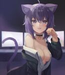  1girl ahoge alternate_costume animal_ear_fluff animal_ears backlighting bangs black_choker black_jacket breasts cat_ears cat_girl cat_tail choker cleavage collarbone eyebrows_visible_through_hair highres hololive jacket long_sleeves looking_at_viewer medium_breasts monitor nekomata_okayu no_bra off_shoulder official_alternate_costume open_clothes open_jacket parted_lips paw_pose purple_eyes purple_hair screen_light short_hair single_bare_shoulder smile tail upper_body virtual_youtuber woogi_(duguddnr) 