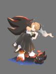  1boy 1girl ^_^ black_dress black_gloves blonde_hair blue_eyes bouquet carrying chao_(sonic) closed_eyes closed_mouth dark_chao dress flower full_body furry furry_male furry_with_non-furry gloves grey_background heart hetero interspecies kiss kissing_cheek maria_robotnik princess_carry shadow_the_hedgehog shoes simple_background smile sonic_(series) tondamanuke 