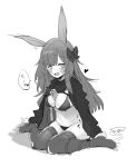 1girl :d animal_ears arknights between_breasts blush bra breasts cleavage clothes_lift commentary_request eyebrows_visible_through_hair greyscale groin heart highres korean_commentary korean_text large_breasts lifted_by_self long_hair looking_at_viewer monochrome open_mouth panties rabbit_ears retri rope_(arknights) shadow simple_background sitting sketch smile solo speech_bubble sweater sweater_lift thighhighs translation_request underwear wariza white_background 