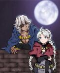  1boy 1girl ahoge bangs blue_eyes braid breasts chizuru752830fe closed_mouth eyepatch father_and_daughter fire_emblem fire_emblem_fates headband highres medium_breasts moon moonlight niles_(fire_emblem) nina_(fire_emblem) pectoral_cleavage pectorals silver_hair twin_braids 