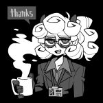  1girl bags_under_eyes black_background black_horns business_suit coffee_mug cup curly_hair demon_girl demon_horns english_commentary english_text formal glasses gloves greyscale helltaker holding holding_cup horns id_card lanyard looking_at_viewer monochrome mug open_mouth pandemonica_(helltaker) short_hair solo steam suit vanripper white_hair 