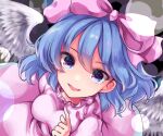  1girl bangs blue_eyes blue_hair bow breasts commentary dark_background dress eyebrows_visible_through_hair feathered_wings frills fuyoyo hair_between_eyes hair_bow highres index_finger_raised looking_at_viewer mai_(touhou) medium_breasts medium_hair parted_lips pink_bow pink_dress simple_background smile solo touhou touhou_(pc-98) upper_body wings 