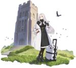 1girl azur_lane bird black_dress black_footwear black_gloves boots cellphone closed_eyes coat dress eagle gloves hair_intakes hand_in_pocket hao_(patinnko) highres holding holding_phone light_blue_eyes long_hair long_sleeves looking_at_viewer luggage official_alternate_costume official_art open_mouth phone rolling_suitcase silver_hair smartphone smile solo suitcase transparent_background white_coat yorktown_(azur_lane) yorktown_(saintly_wings)_(azur_lane) 