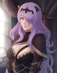  1girl black_capelet breasts camilla_(fire_emblem) capelet circlet cleavage closed_mouth cm_lynarc commentary fire_emblem fire_emblem_fates hair_over_one_eye highres indoors large_breasts long_hair looking_at_viewer purple_hair red_eyes shiny shiny_hair signature smile solo upper_body very_long_hair 