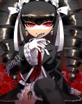  1girl artist_name bangs bell bell_earrings bibi_(bibian0115) black_jacket black_legwear black_nails black_skirt black_theme blunt_bangs celestia_ludenberg claw_ring closed_mouth collared_shirt commentary_request crossed_legs danganronpa:_trigger_happy_havoc danganronpa_(series) drill_hair earrings eyebrows_visible_through_hair flat_chest flower frilled_hairband frilled_jacket frilled_legwear frilled_skirt frilled_sleeves frills gothic_lolita hair_ribbon hairband half-closed_eyes hand_up happy highres jacket jewelry lolita_fashion long_hair long_sleeves looking_at_viewer miniskirt nail_polish neck_ribbon necktie open_clothes open_jacket red_eyes red_flower red_necktie red_rose ribbon ribbon-trimmed_legwear ribbon_trim rose shiny shiny_hair shirt signature sitting skirt smile solo straight-on thighhighs tied_hair twin_drills twintails twitter_username white_hairband white_ribbon white_shirt wide_sleeves 