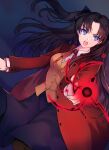  1girl bangs beige_vest black_hair black_skirt blue_eyes collared_shirt commentary fate/stay_night fate_(series) gandr hair_ribbon highres homurahara_academy_uniform incoming_attack jacket long_hair long_sleeves maru_(pixiv51714255) neck_ribbon open_mouth pantyhose red_jacket red_neckwear red_ribbon ribbon shirt skirt solo teeth tohsaka_rin two_side_up upper_teeth v-shaped_eyebrows vest yellow_vest 