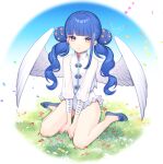  1boy angel_wings blue_footwear blue_hair chinese_clothes closed_mouth double_bun dress feathered_wings konogi_nogi long_hair long_sleeves looking_at_viewer male_focus on_grass original otoko_no_ko red_eyes shoe_flower shoes short_dress signature sitting solo twintails wariza white_dress white_wings wings 