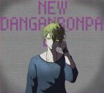  1boy agepiyo_(piyo_straybird) amami_rantarou antenna_hair bangs collarbone copyright_name danganronpa_(series) danganronpa_v3:_killing_harmony eyebrows_visible_through_hair gradient gradient_background green_eyes green_hair grey_background hand_up highres jewelry looking_at_viewer male_focus messy_hair necklace parted_lips ring shirt short_hair smile solo striped striped_shirt teeth wide_sleeves 