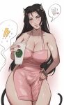  ! !! 1girl animal_ears apron black_hair blush breasts cleavage closed_eyes closed_mouth commentary cup dbdkitty english_commentary facing_viewer hand_on_hip heart highres holding holding_cup iced_latte_with_breast_milk_(meme) large_breasts lips lipstick long_hair makeup meme mole mole_under_eye nail_polish naked_apron original pink_apron pink_lips pink_nails simple_background solo speech_bubble standing tail very_long_hair white_background 