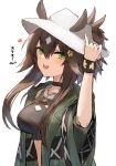  1girl :d absurdres adjusting_clothes adjusting_headwear animal_ears arknights black_choker breasts brown_hair choker coat commentary_request crop_top ears_through_headwear green_coat green_eyes hair_ornament heart highres horse_ears long_hair long_sleeves looking_at_viewer medium_breasts meteor_(arknights) meteor_(bard&#039;s_holiday)_(arknights) midriff navel official_alternate_costume open_clothes open_coat open_mouth raw_egg_lent simple_background smile solo star_(symbol) star_hair_ornament stomach teeth translated upper_body upper_teeth white_background white_headwear wristband 
