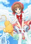  1girl :d angel_wings antenna_hair blue_sky blurry blurry_background blush bow brown_hair cardcaptor_sakura commentary day depth_of_field dress feathers flying glove_bow gloves green_eyes hat kero kinomoto_sakura konogi_nogi looking_at_viewer open_mouth outdoors petticoat pinafore_dress pink_dress pink_headwear puffy_short_sleeves puffy_sleeves red_bow shirt short_hair short_sleeves signature sky smile solo symbol-only_commentary wand white_gloves white_shirt white_wings wings 