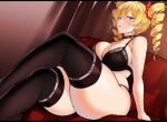  1girl absurdres agetama black_bra blonde_hair blue_eyes bra breasts claire_harvey commentary_request drill_hair earrings highres hundred jewelry large_breasts lingerie looking_at_viewer plump ribbon sitting thick_thighs thighhighs thighs twin_drills twintails underwear 