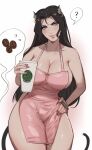 1girl ? animal_ears apron black_hair blue_eyes blush breasts cleavage closed_mouth commentary cup dbdkitty english_commentary hand_on_hip highres holding holding_cup iced_latte_with_breast_milk_(meme) large_breasts lips lipstick long_hair looking_at_viewer makeup meme mole mole_under_eye nail_polish naked_apron original pink_apron pink_lips pink_nails simple_background solo speech_bubble standing tail very_long_hair white_background 
