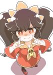  1girl absurdres ashley_(warioware) big_hair black_hair dress eyebrows_visible_through_hair fingers_to_cheeks forced_smile hairband highres long_hair looking_at_viewer merugamu_melgum orange_hairband pantyhose red_dress red_eyes red_footwear sailor_collar shiny shiny_hair skull solo sweat twintails very_long_hair warioware white_background wide_sleeves yellow_sailor_collar 